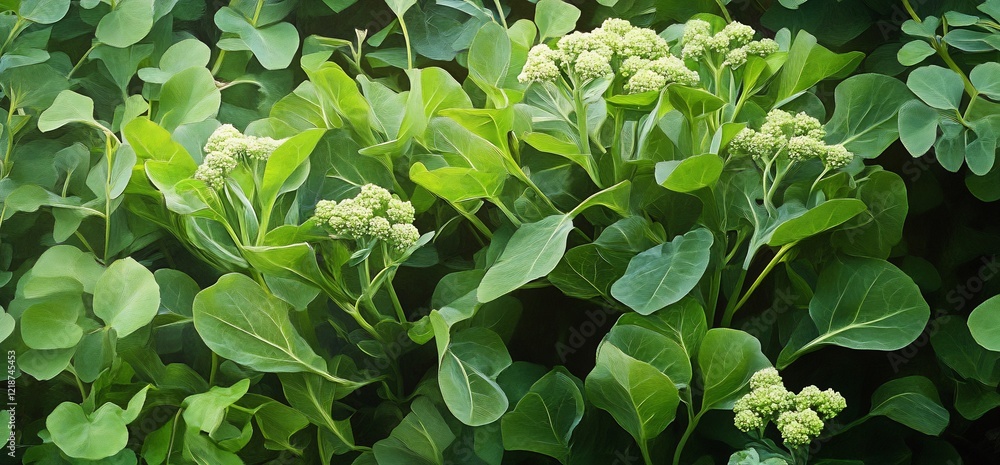 Lush green foliage with budding flowers in a serene garden setting Lush green foliage with budding flowers in a serene garden setting