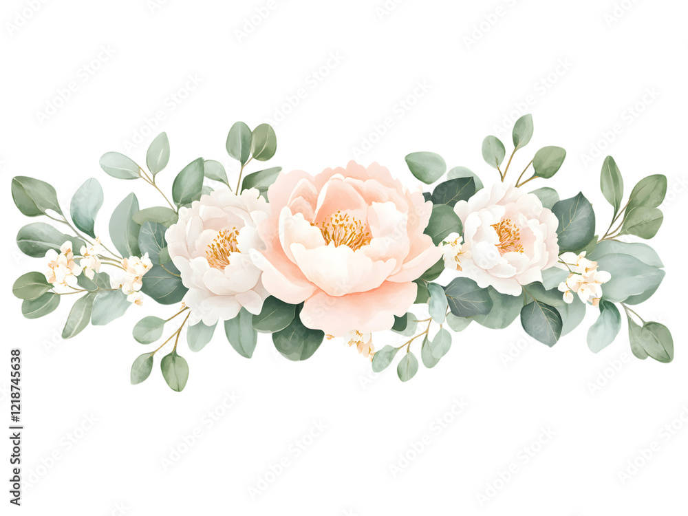 Fototapeta premium Elegant Peonies and Eucalyptus Floral Arrangement on a transparent background, cut out, PNG Digital Art, clip art.
