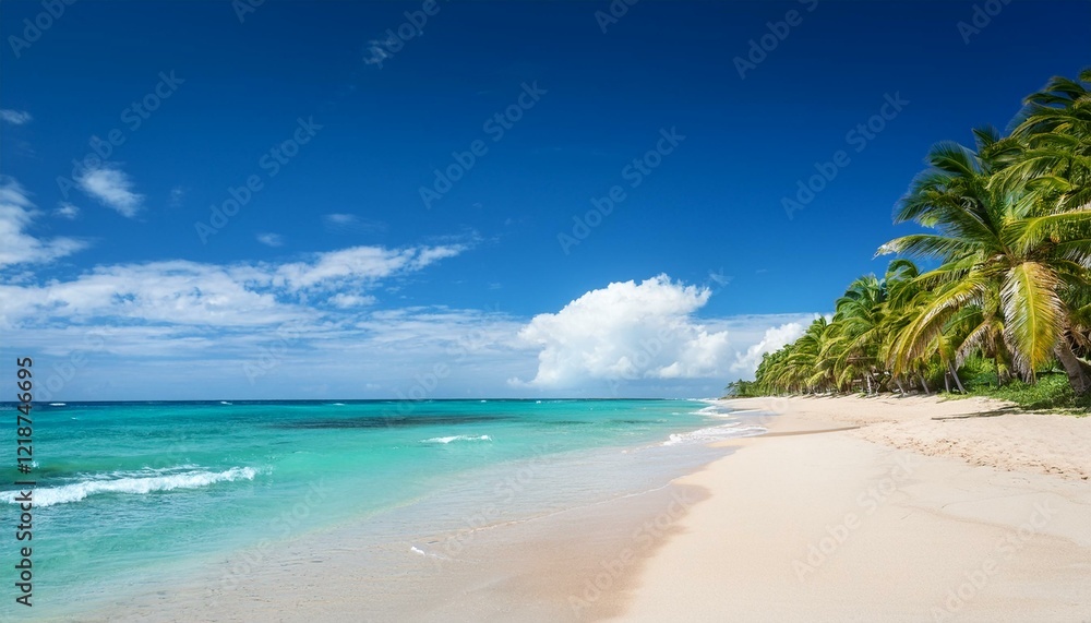tropical beach with sandy sea shore and palm trees turquoise blue sea clear cloudy sky perfect for tourist destination tropical beach with sandy sea shore and palm trees turquoise blue sea clear cloudy sky perfect for tourist destination