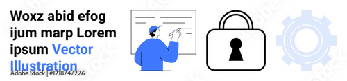 Male teacher writing on board while teaching, alongside padlock icon and gear symbol. Ideal for education, security, technology, learning, online platforms, data protection, and knowledge sharing