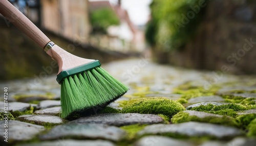 A hand using a green broom to clean cobblestone streets covered in moss. photo