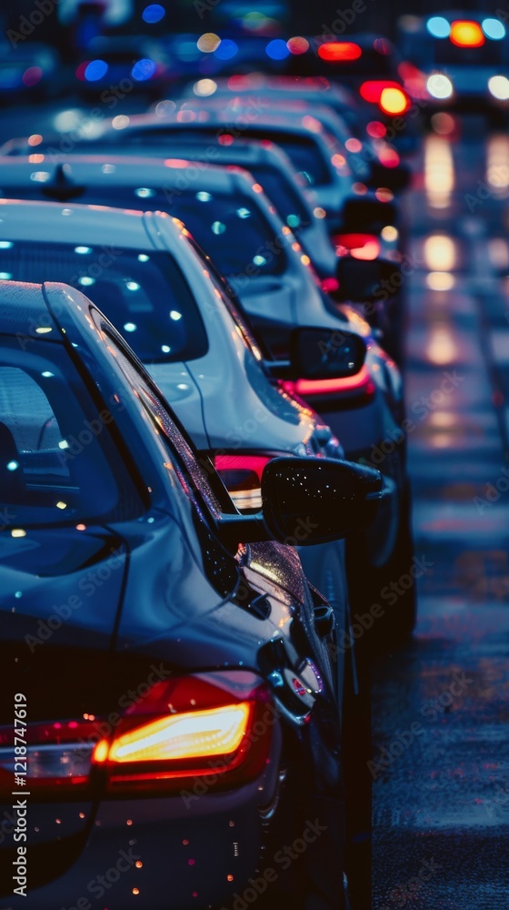 Cars in traffic on a rainy night, city lights reflecting on wet roads, creating a vivid urban scene with glowing lights. Bright car lights illuminate the wet streets during the evening commute Cars in traffic on a rainy night, city lights reflecting on wet roads, creating a vivid urban scene with glowing lights. Bright car lights illuminate the wet streets during the evening commute