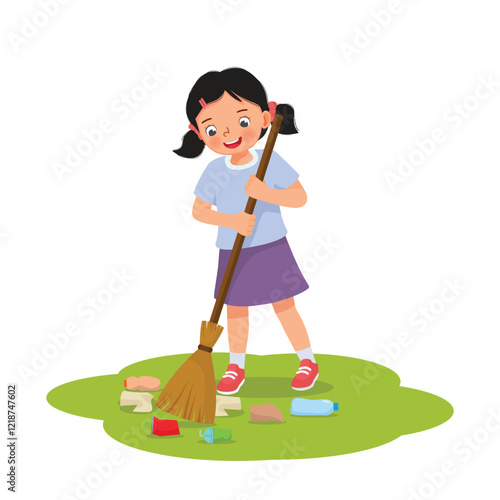 little girl sweeping trash in the yard with broom 