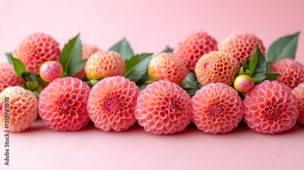 Pink dahlia blossoms arranged on pink backdrop Pink dahlia blossoms arranged on pink backdrop