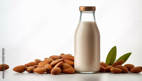 minimalist almond milk bottle on white background