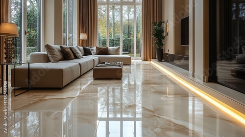 A modern living room featuring elegant furniture, large windows, and polished marble flooring, illuminated by soft lighting.