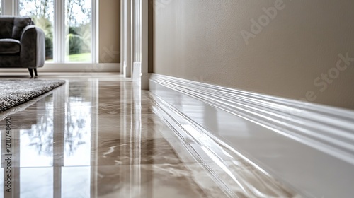 A polished floor reflects light, showcasing elegant trim and a cozy living space with a view of the outdoors.