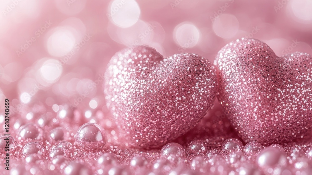 Fototapeta premium Pink glitter hearts, pearl backdrop, bokeh, Valentine's