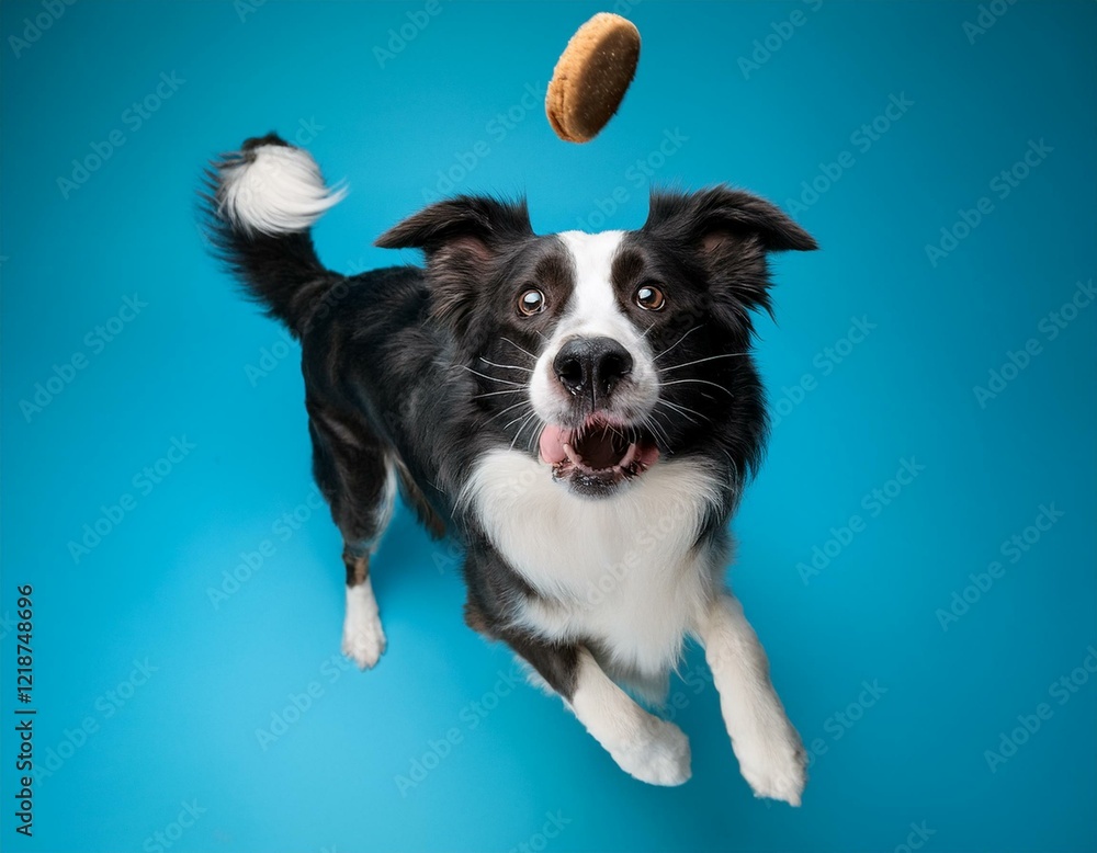 aerial border collie catching treat in studio shot on blue background aerial border collie catching treat in studio shot on blue background