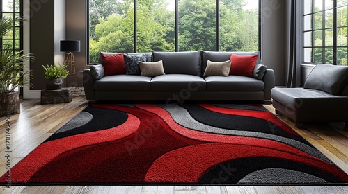 A modern living room featuring a stylish couch, vibrant red and black rug, and large windows that bring in natural light.