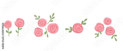 Set of pink rose flower with green branches icon sign isolated on white background vector.