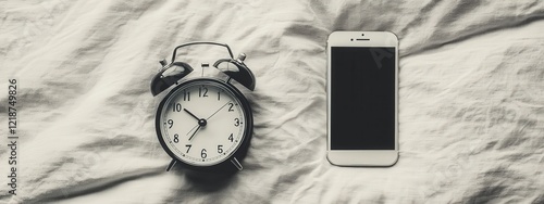 Vintage Alarm Clock and Modern Smartphone on Bed Sheets Capturing the Contrast of Time and Technology