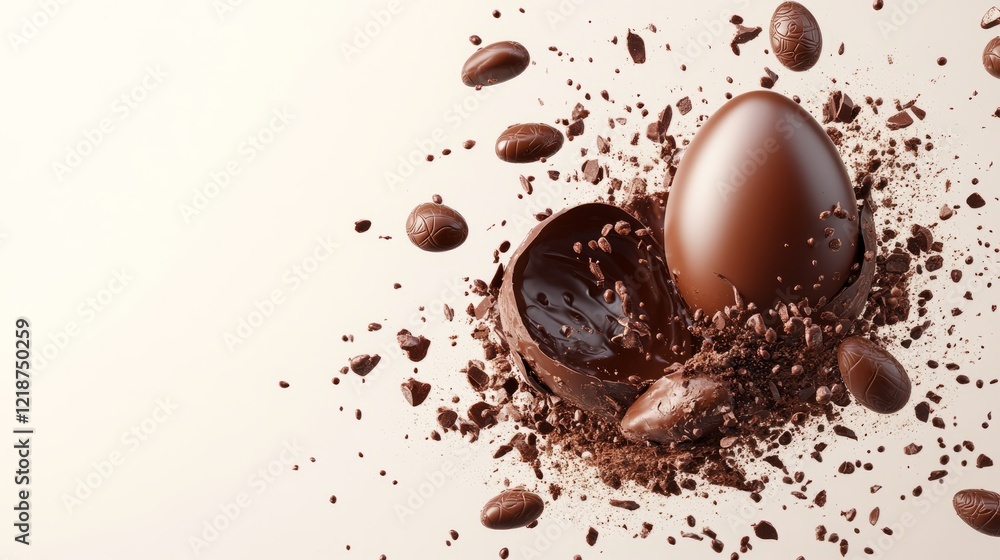 Chocolate eggs surrounded by splashes of cocoa powder and liquid chocolate on a white background. Concept of sweetness Chocolate eggs surrounded by splashes of cocoa powder and liquid chocolate on a white background. Concept of sweetness