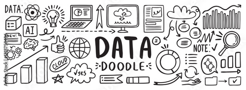 data information business startup concept doodle hand drawn icon set. Outline drawing data information line clipart symbol