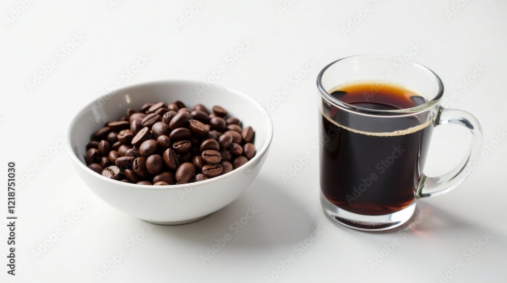 Fototapeta premium Aromatic Coffee Beans and a Dark Brew in a Clear Mug on a White Surface