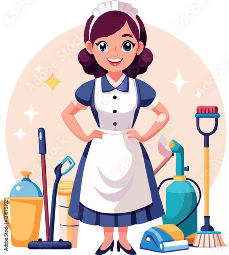 Smiling maid posing with cleaning supplies and equipment