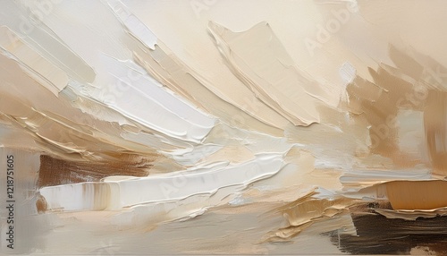 neutral beige and white abstract oil painting with visible brushstrokes and palette knife textures creating a blurred landscape effect