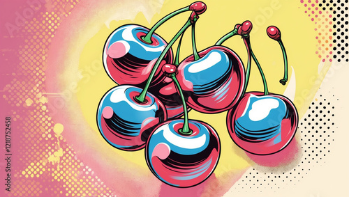 Stylized pop art illustration of five glossy cherries in shades of red, pink, and blue, with a vibrant, textured background.