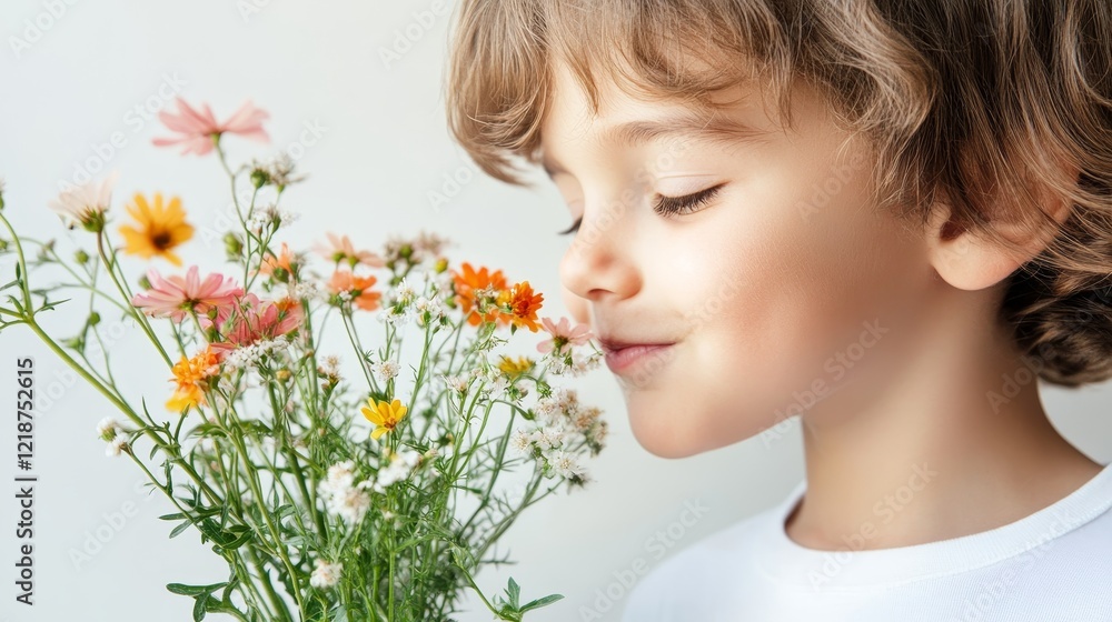 Sweet Innocence - Young Child Enjoying the Scent of Fresh Blooms in Soft, Cheerful Light against Plain Background Sweet Innocence - Young Child Enjoying the Scent of Fresh Blooms in Soft, Cheerful Light against Plain Background