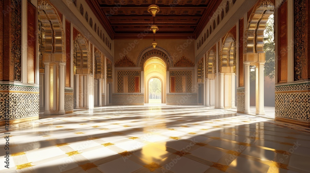 Fototapeta premium Sunlit Palace Corridor With Ornate Arches and Mosaic Tiles