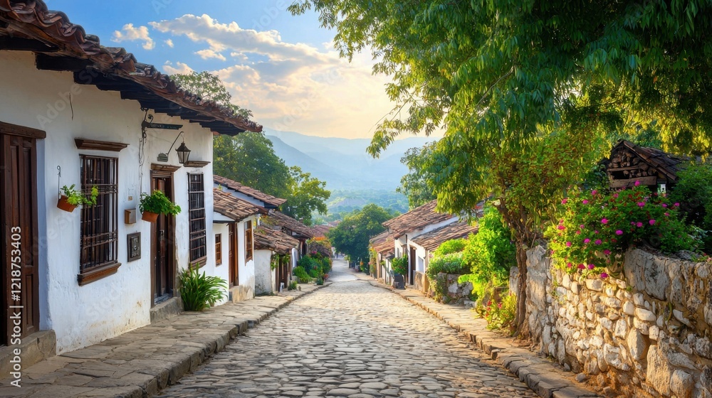 A scenic shot of a colonial town in Latin America, with cobblestone streets, vibrant painted buildings, and lush greenery under a bright blue sky A scenic shot of a colonial town in Latin America, with cobblestone streets, vibrant painted buildings, and lush greenery under a bright blue sky