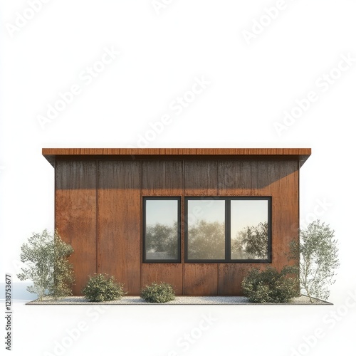 3D rendering of a small house with a flat roof and two windows on a white background, in a minimal style with low detail.  photo