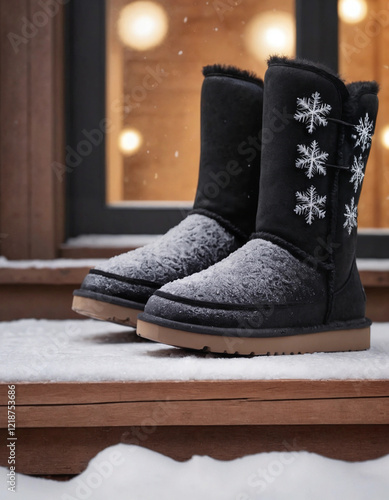 Black winter ugg boots displayed on a wooden shelf with natural lighting photo