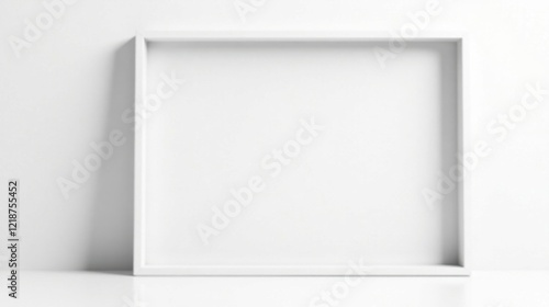A simple white square frame against a minimalist white wall background, perfect for showcasing your design or artwork.