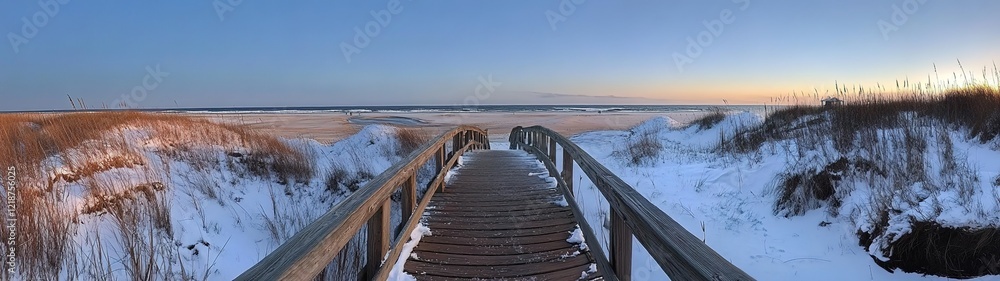 Fototapeta premium A wooden walkway leading to the beach, surrounded by dunes and sea grasses at sunset