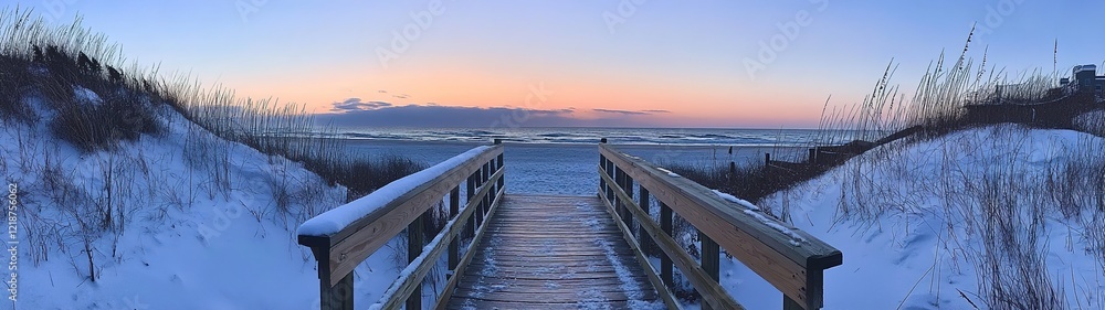 Naklejka premium A wooden walkway leading to the beach, surrounded by dunes and sea grasses at sunset