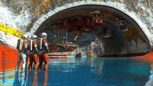 Astronauts Observe Alien Machinery Near Water photo