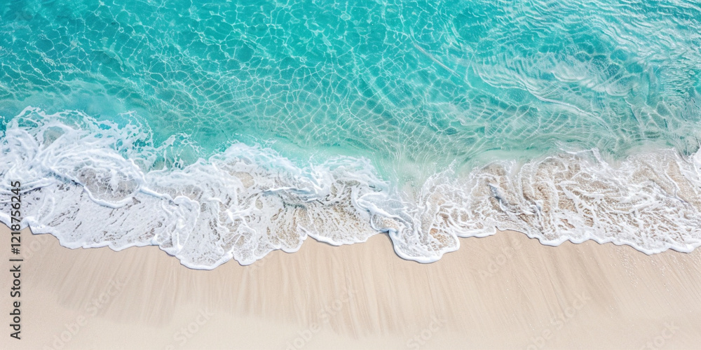 Obraz premium Blue sea ocean water wave on golden sand. Flat lay banner for vacation advertising, travel agency, holiday sales and backgrounds and backdrops with space for text