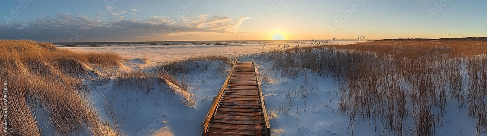 Fototapeta premium A wooden walkway leading to the beach, surrounded by dunes and sea grasses at sunset