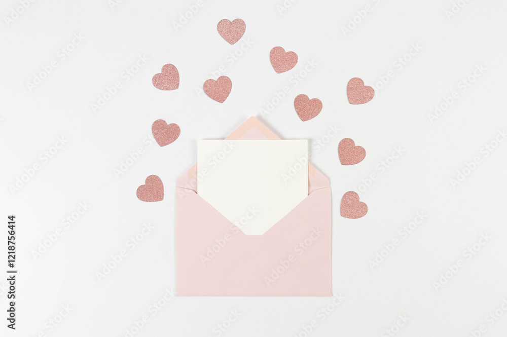Top view of pink envelope, white card on white background. Valentine's day, pink glitter hearts, love. Post flat lay, copy space. Top view of pink envelope, white card on white background. Valentine's day, pink glitter hearts, love. Post flat lay, copy space.