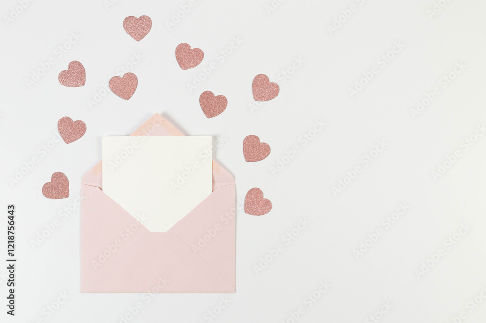 Top view of pink envelope, white card on white background. Valentine's day, pink glitter hearts, love. Post flat lay, copy space. Top view of pink envelope, white card on white background. Valentine's day, pink glitter hearts, love. Post flat lay, copy space.