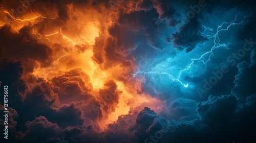 Wallpaper Mural A dramatic lightning storm rages in the sky, with clouds illuminated by intense orange and blue flashes of lightning. The scene is captured in a close-up, cinematic, and hyper-realistic style.  Torontodigital.ca