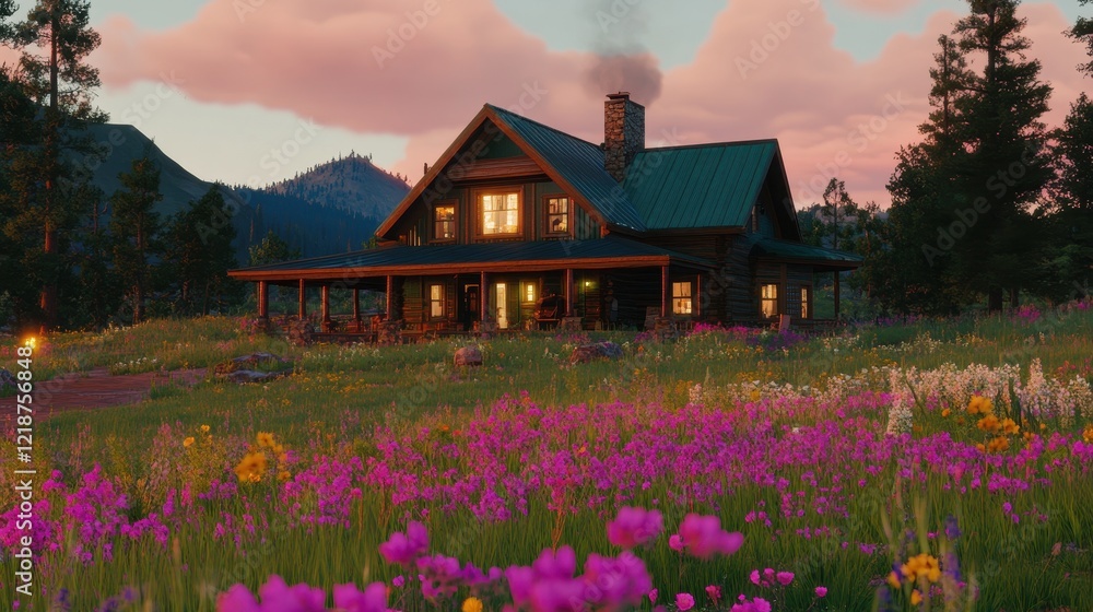 Log Cabin Home nestled in a Wildflower Meadow at Sunset Log Cabin Home nestled in a Wildflower Meadow at Sunset