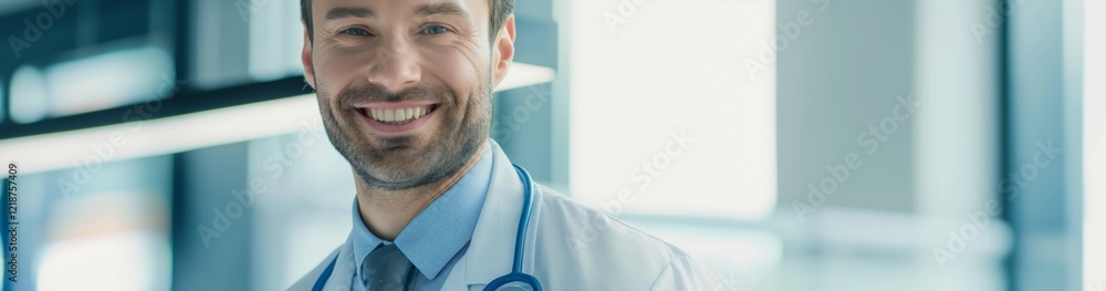 Fototapeta premium In a contemporary hospital, a friendly doctor, wearing a stethoscope, is happily providing patient care, embodying professionalism. The scene highlights modern healthcare with a welcoming atmosphere