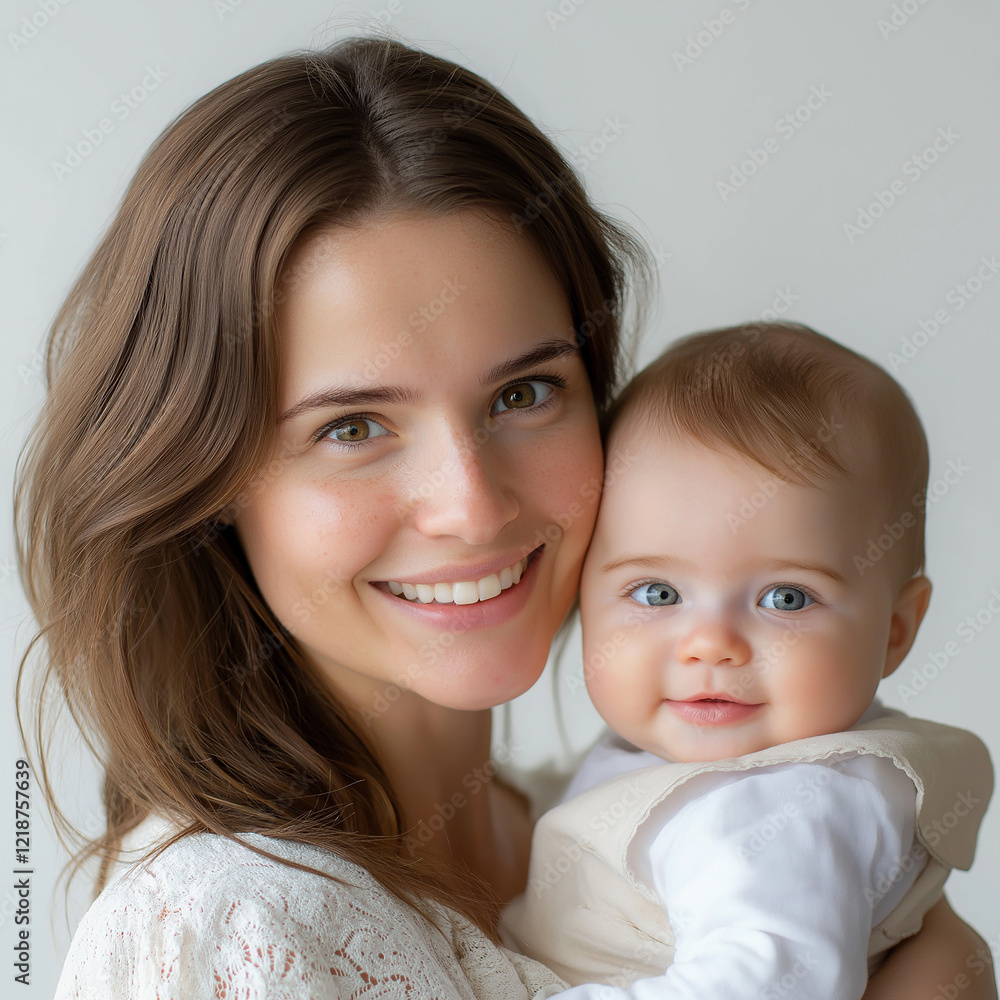 A woman smiling and holding her baby in front of a white background, studio photography, close-up portrait
A woman smiling and holding her baby in front of a white background, studio photography, close-up portrait