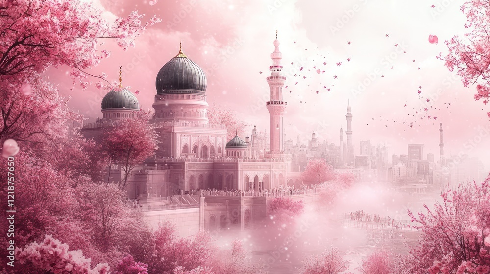 Obraz premium Enchanted Pink Mosque in Blossom: A Dreamlike Arabian Cityscape