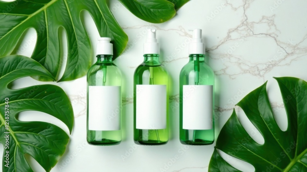 Three Green Bottles with Blank Labels Surrounded by Lush Tropical Foliage on a Marble Surface Three Green Bottles with Blank Labels Surrounded by Lush Tropical Foliage on a Marble Surface