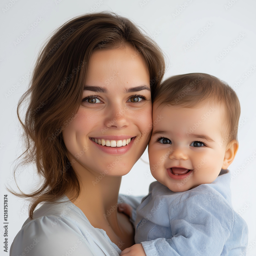 A woman smiling and holding her baby in front of a white background, studio photography, close-up portrait
A woman smiling and holding her baby in front of a white background, studio photography, close-up portrait