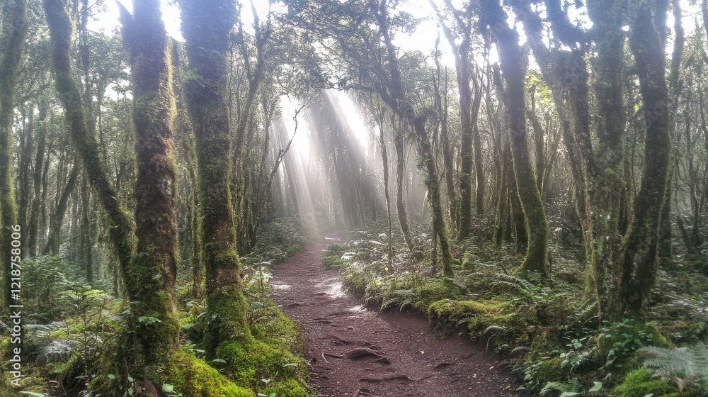 Obraz premium Misty Forest Path Sunlight Through Trees