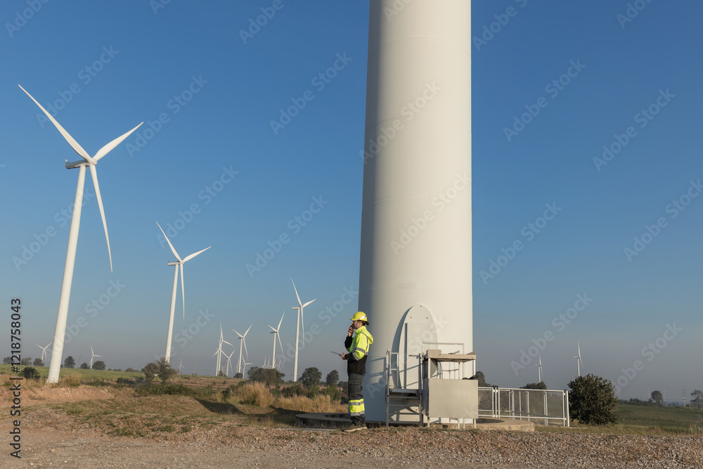 Survey Team Alternative energy for future. Engineers survey and checking wind turbines in sunset. Wind Turbine Renewable energy technology and sustainability. Survey Team Alternative energy for future. Engineers survey and checking wind turbines in sunset. Wind Turbine Renewable energy technology and sustainability.