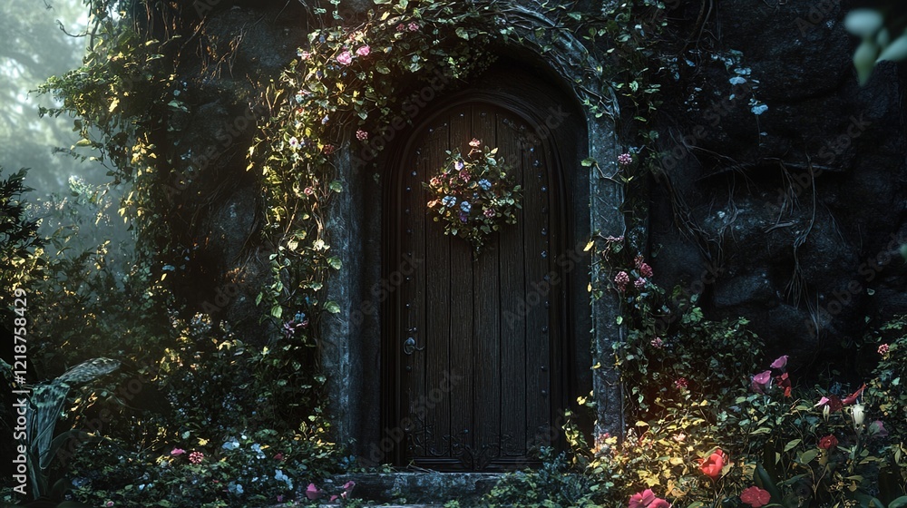Fototapeta premium A door, surrounded by vines and flowers, set in an ancient forest with mysterious creatures lurking nearby.