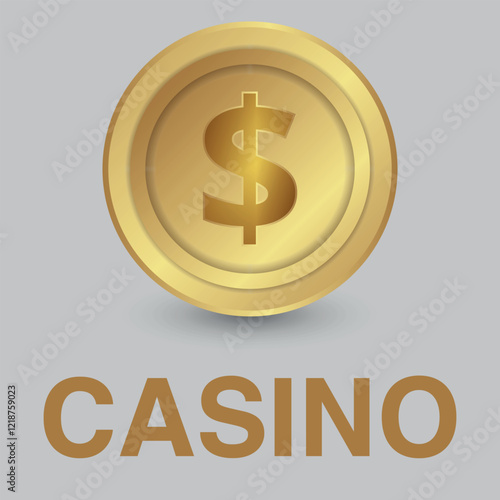 Golden dollar coin and casino inscription. Vector on a gray background