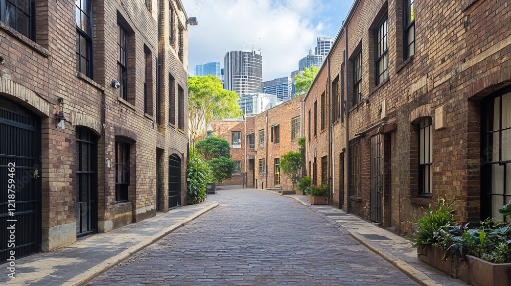 Fototapeta premium An alleyway in an industrial area of Sydney, with brick buildings and cobbled streets, has a cinematic feel