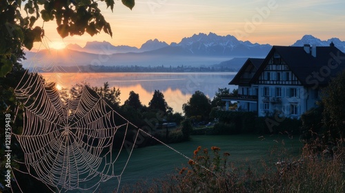 A sparkling spider s web with morning dew in front of lake chiemsee and bavarian alps photo