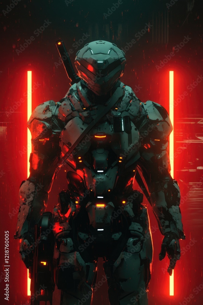 Naklejka premium Futuristic Samurai Warrior in Advanced Combat Armor