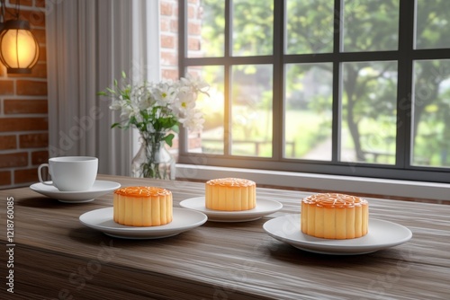 Wallpaper Mural Delightful and Elegant Dessert Presentation with Flan on White Plates Invitingly Arranged on a Wooden Table by a Sunlit Window with Flower Vase in a Cozy Atmosphere Torontodigital.ca